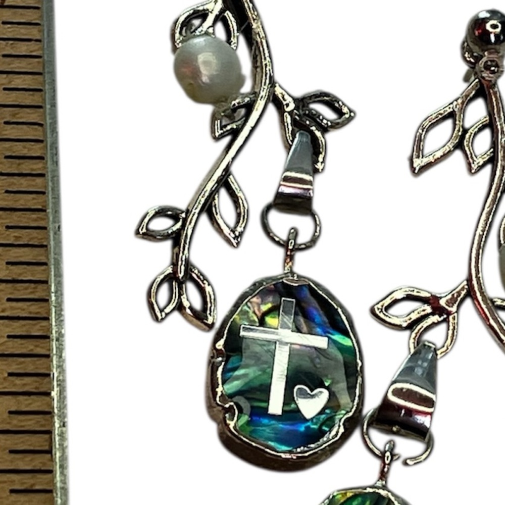 Handmade Silver Leaf Cross Heart earrings White pearl Aurora Barriles Charm - Picture 5 of 12